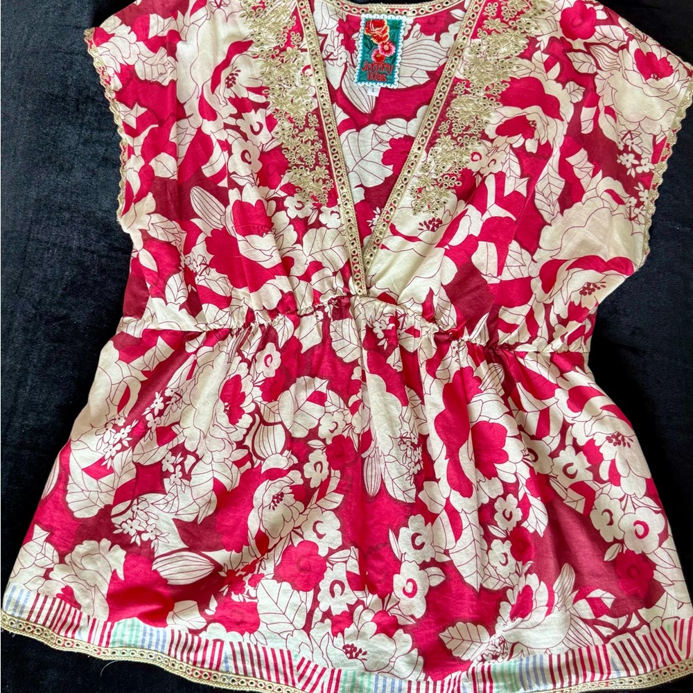 Johnny Was Red and Cream Floral Top